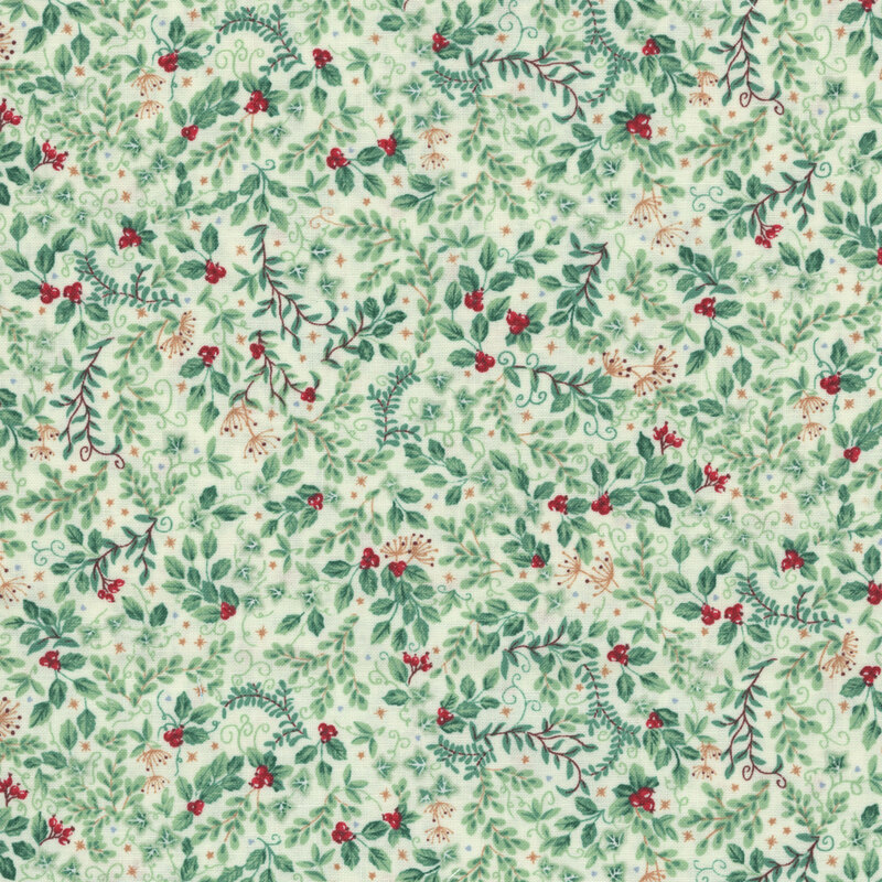 light green fabric featuring vines of leaves, holly, and stars.
