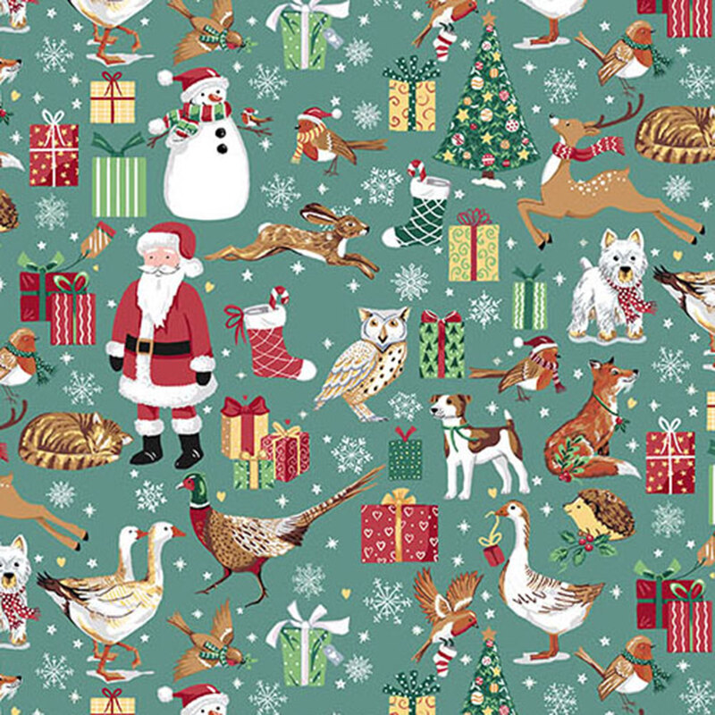Teal fabric filled with festive gifts, Santa Claus, animals, birds, snowflakes, and Christmas trees.