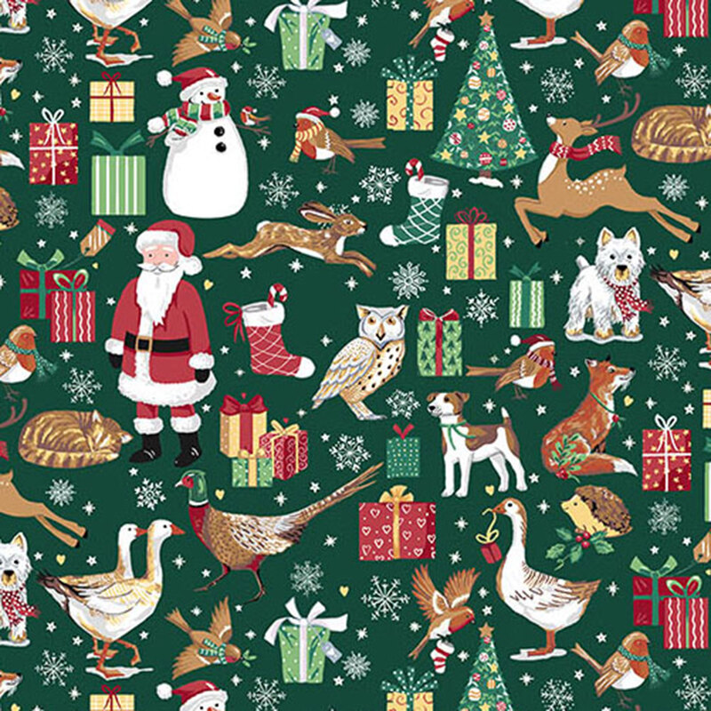Hunter green fabric filled with festive gifts, Santa Claus, animals, birds, snowflakes, and Christmas trees.