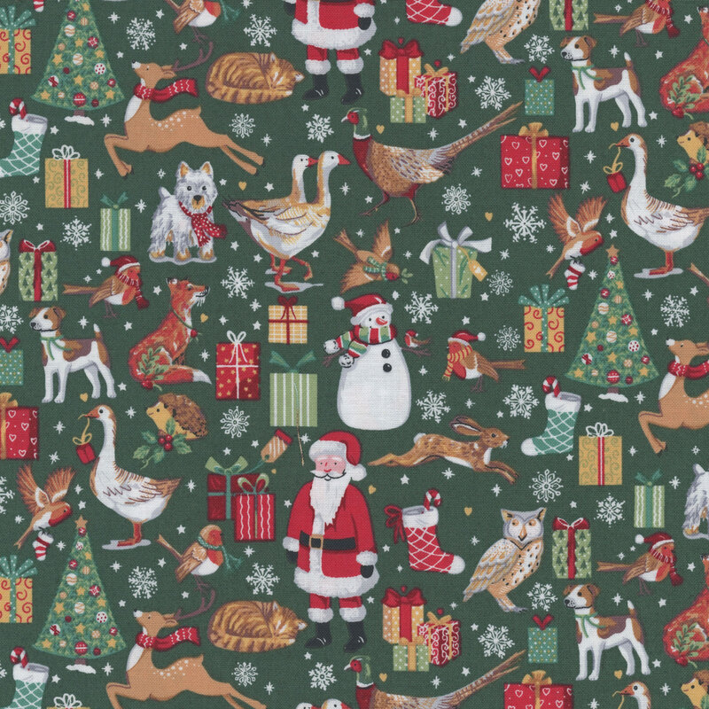 Hunter green fabric filled with festive gifts, Santa Claus, animals, birds, snowflakes, and Christmas trees.