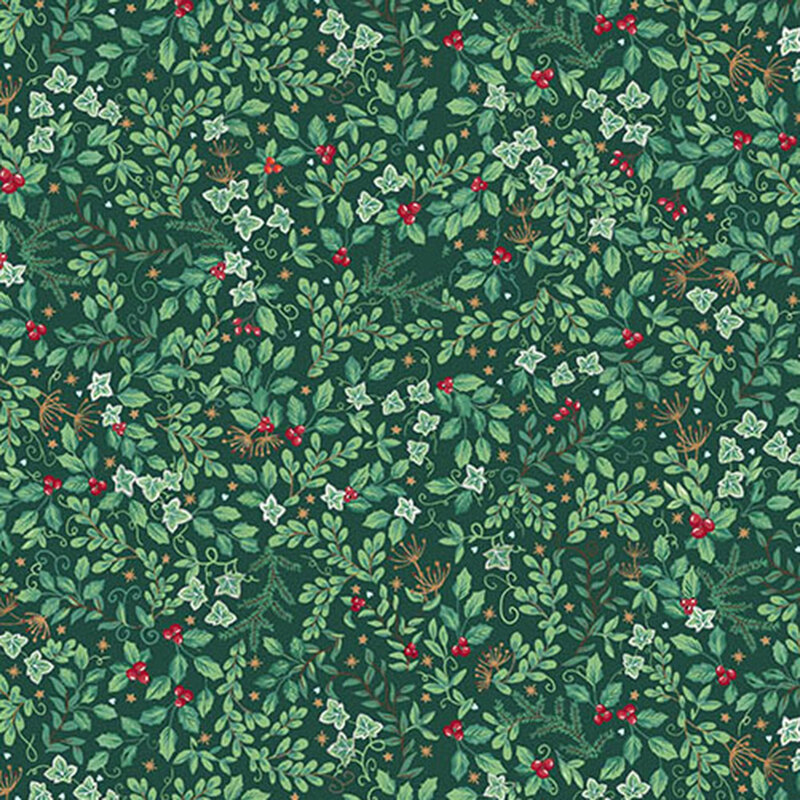 Hunter green fabric featuring vines of leaves, holly, and stars.
