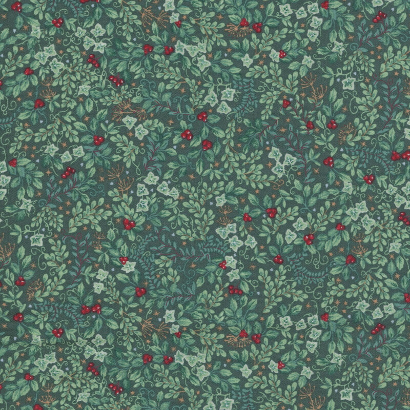 Hunter green fabric featuring vines of leaves, holly, and stars.