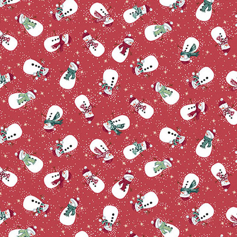 Cardinal red fabric featuring whimsical snowmen in festive red, green, and teal scarves and red hats.