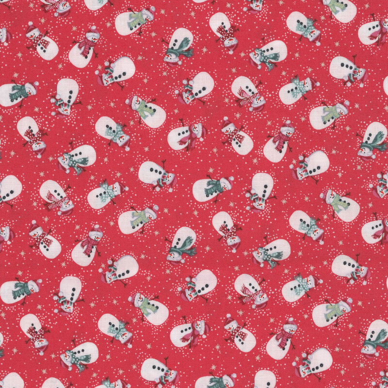 Cardinal red fabric featuring whimsical snowmen in festive red, green, and teal scarves and red hats.