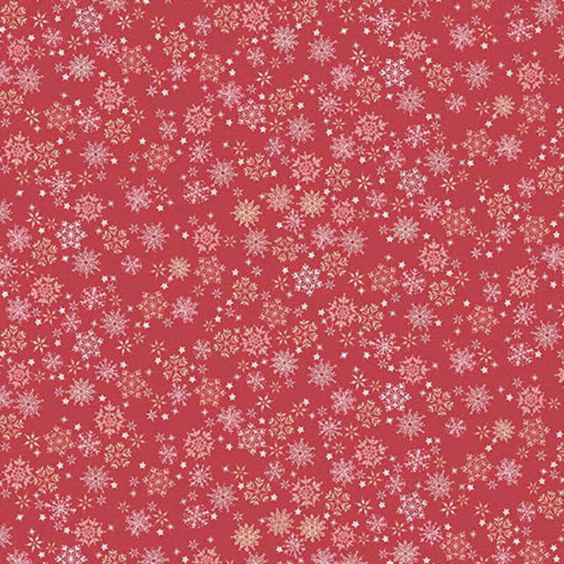 Stars and snowflakes in white and cream on a cardinal red background.