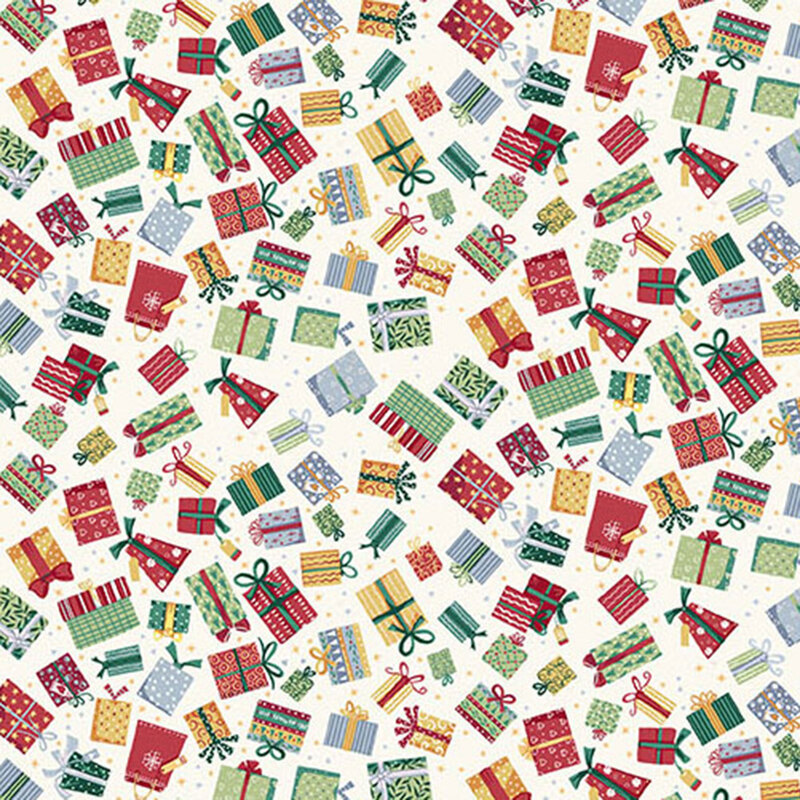 Festive wrapped gifts, hearts, and stars tossed on a light cream fabric.
