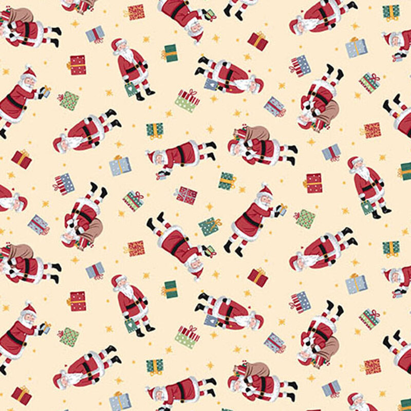 Santa Clause, festive wrapped gifts, and stars tossed on a pastel yellow background.