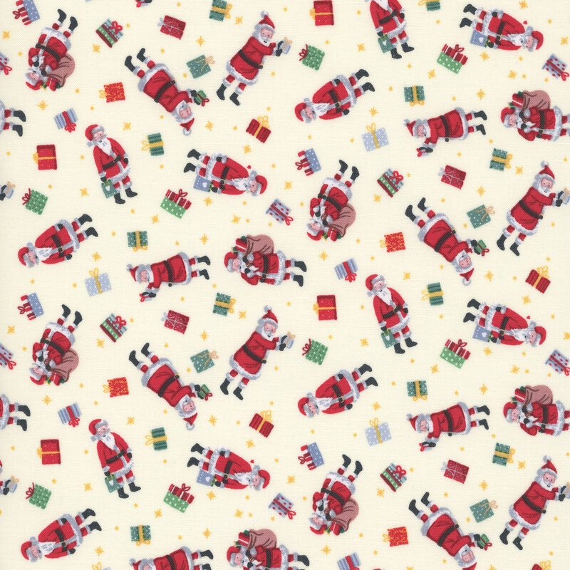 Santa Clause, festive wrapped gifts, and stars tossed on a cream background.