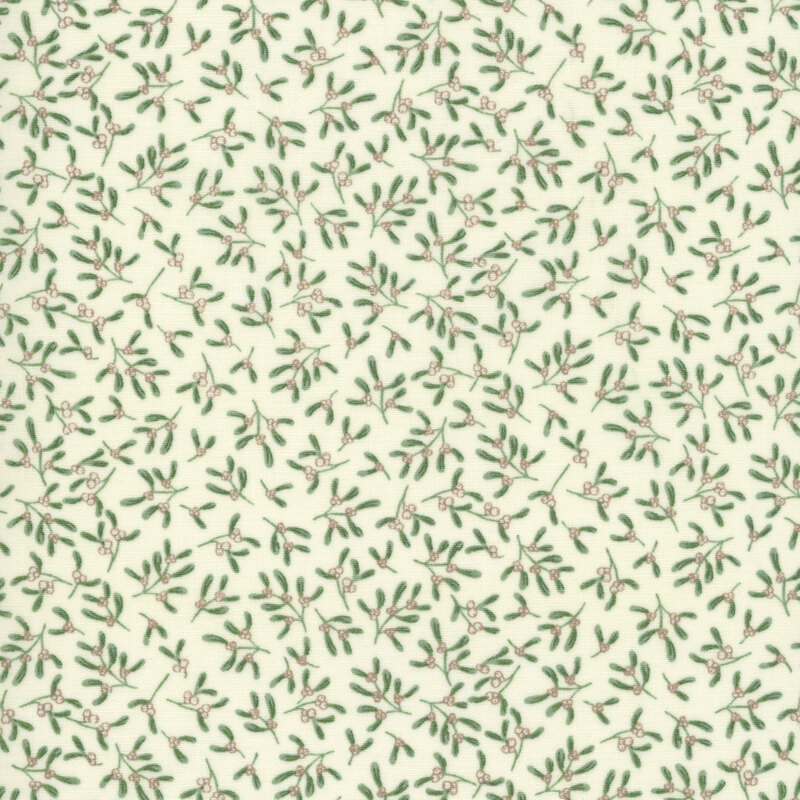 Sprigs of mistletoe tossed on a mint green fabric.