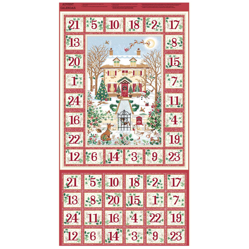 Cardinal red Advent Calendar featuring a beautifully decorated country house and trees.
