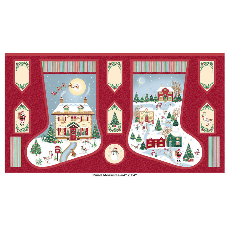 Stockings project panel featuring country cottages decorated for the holidays.