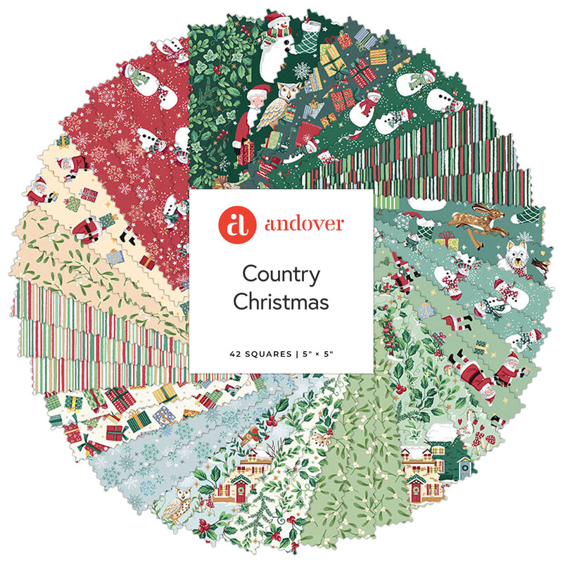 A collage of fabrics in green, mint, white, cream, and red with a Christmas theme in a circular pattern, labeled Country Christmas from Andover Fabrics.