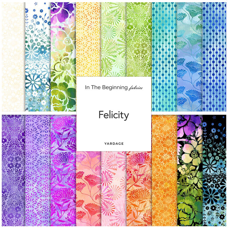 A collage of fabrics included in the Felicity collection with pinks, purples, blues, greens, and yellows with a floral theme.