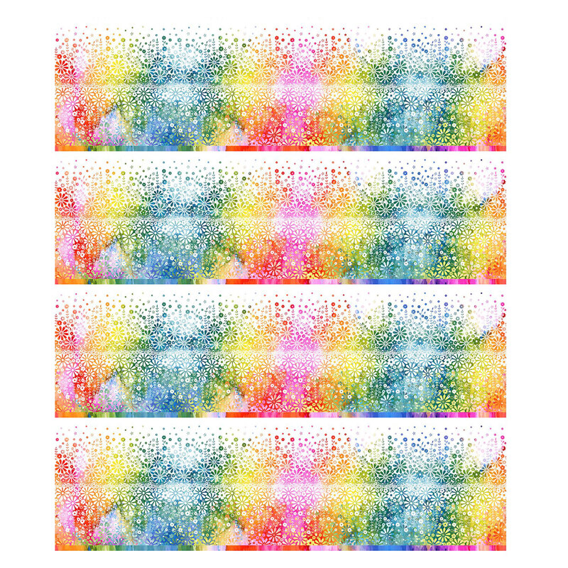 white fabric featuring florals in a gradient of rainbow colors.