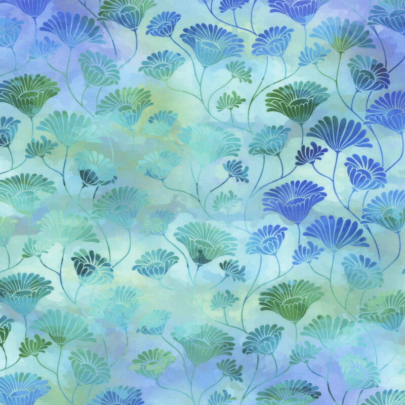 blue and teal flowers on a marbled blue and aqua background