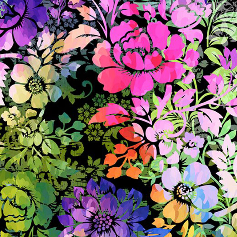 black fabric featuring large flowers and intricate in a gradient of bright rainbow colors