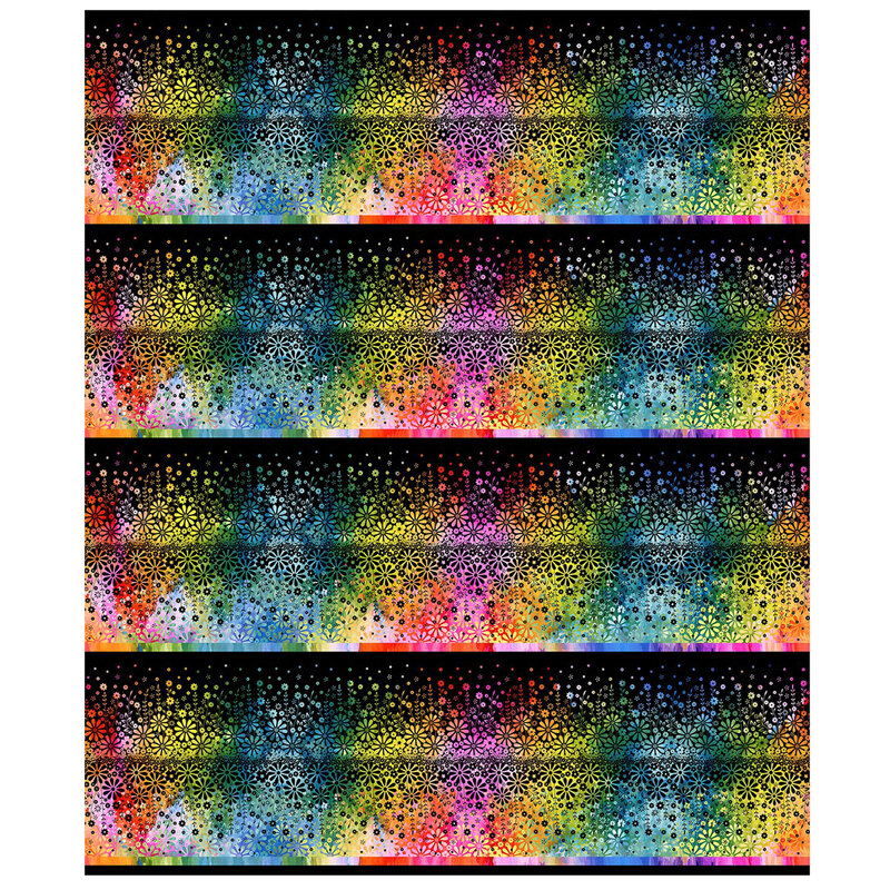 black fabric featuring florals in a gradient of rainbow colors.
