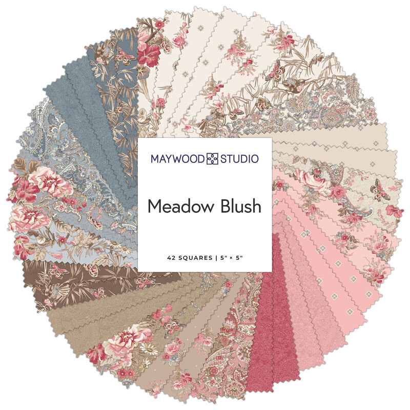 A collage of fabric swatches in blue, pink, cream, and tan with a floral motif in a circular pattern, labeled Meadow Blush by Maywood Studio.