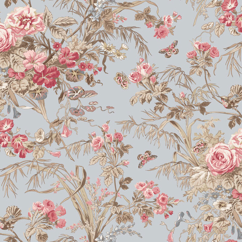 Blue gray fabric featuring floral bouquets is soft pinks and rosy red with ornamental grasses and butterflies.