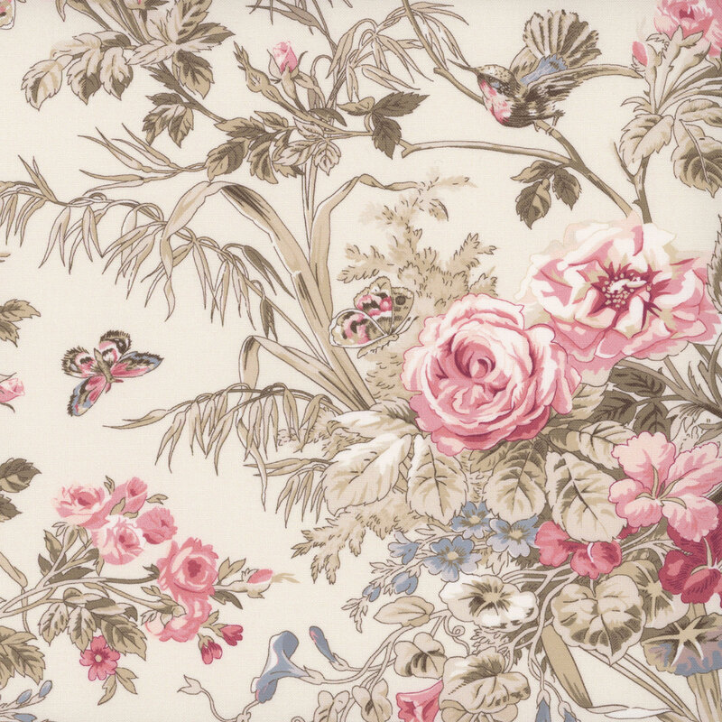 Ivory fabric featuring floral bouquets is soft pinks and rosy red with ornamental grasses and butterflies.