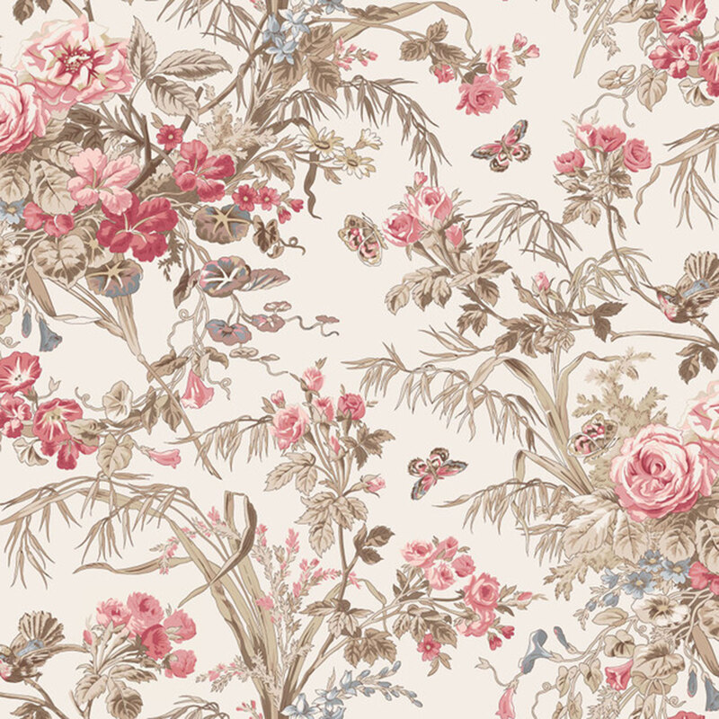 Ivory fabric featuring floral bouquets is soft pinks and rosy red with ornamental grasses and butterflies.