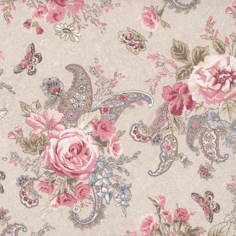 Tan fabric featuring large floral bouquets in pinks and wine red with paisley leaves and butterflies.