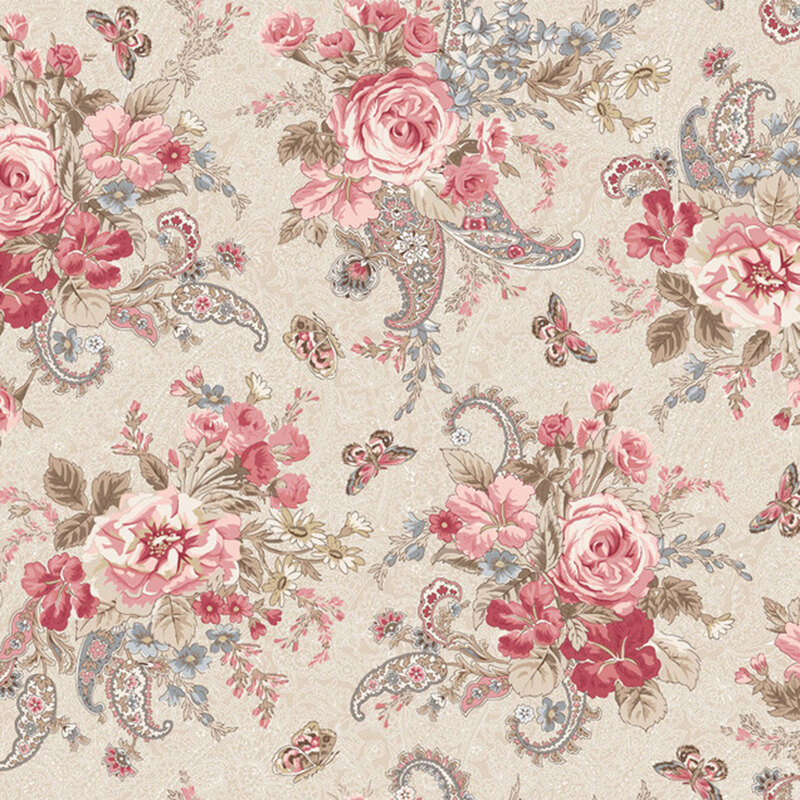 Tan fabric featuring large floral bouquets in pinks and wine red with paisley leaves and butterflies.