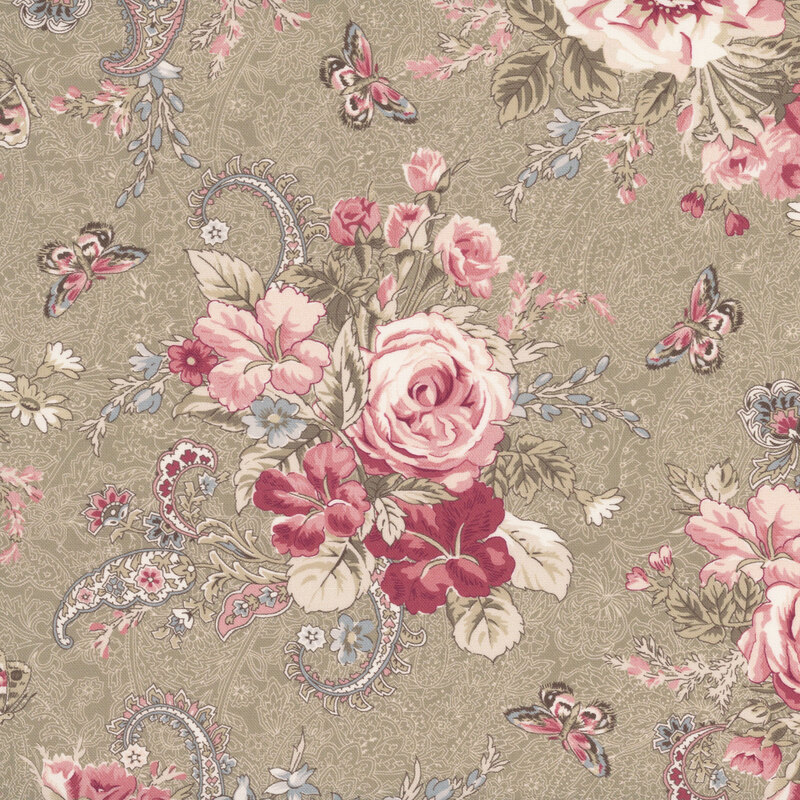 Dark tan fabric featuring large floral bouquets in pinks and wine red with paisley leaves and butterflies.