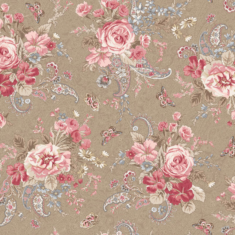 Dark tan fabric featuring large floral bouquets in pinks and wine red with paisley leaves and butterflies.