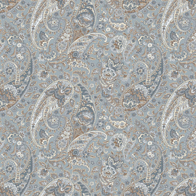 Blue gray fabric featuring a floral paisley design in blues and browns.