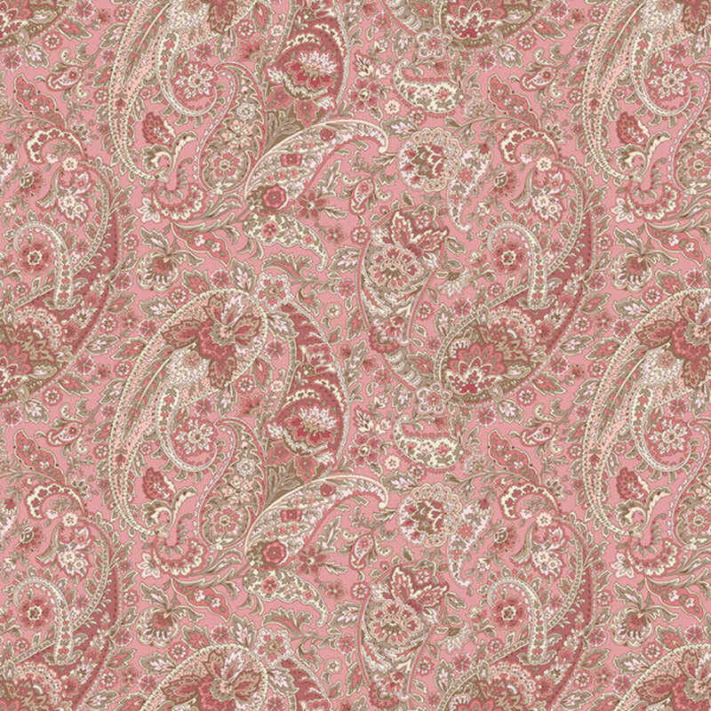 Dusty rose fabric featuring a floral paisley design in terra cotta and olive browns.