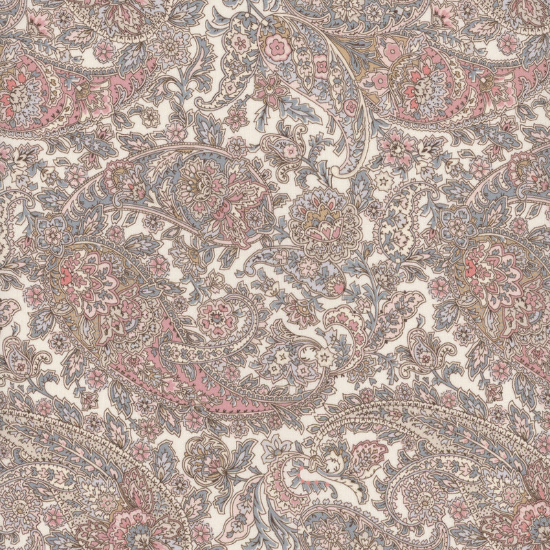 White fabric featuring a floral paisley design in blues and pinks.
