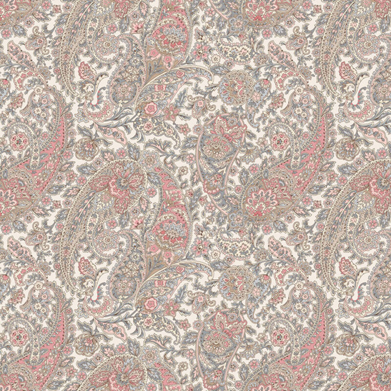 White fabric featuring a floral paisley design in blues and pinks.