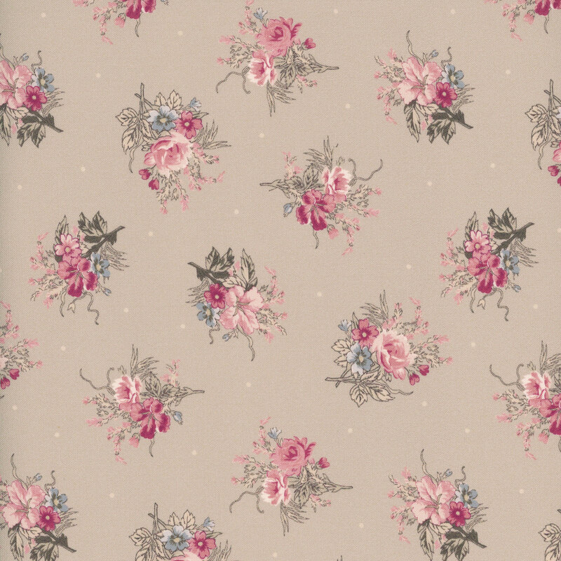 Muted beige fabric featuring floral bouquets with pink, blue and red flowers.
