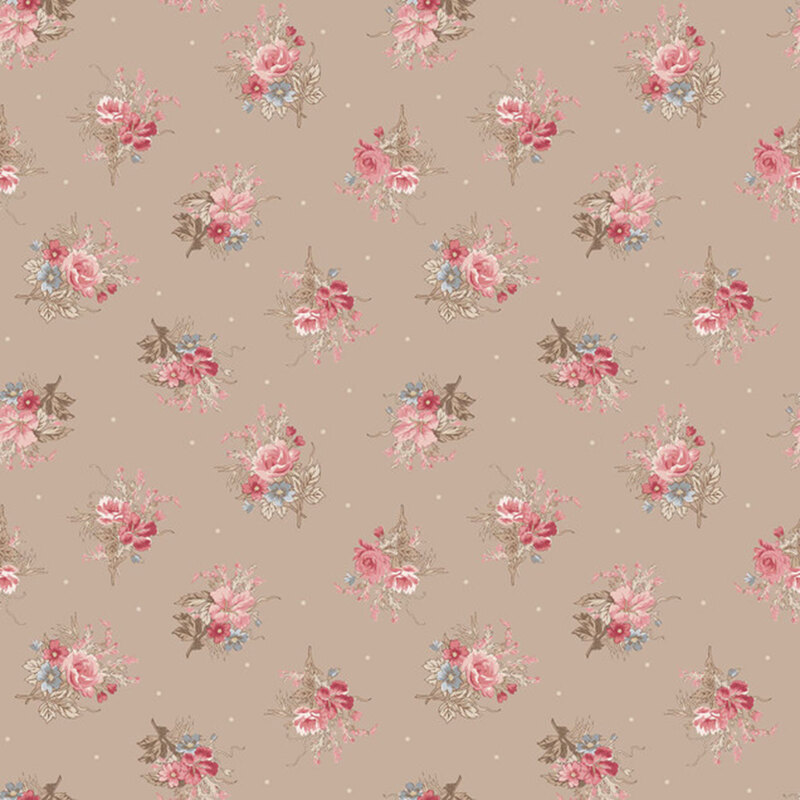 Muted beige fabric featuring floral bouquets with pink, blue and red flowers.