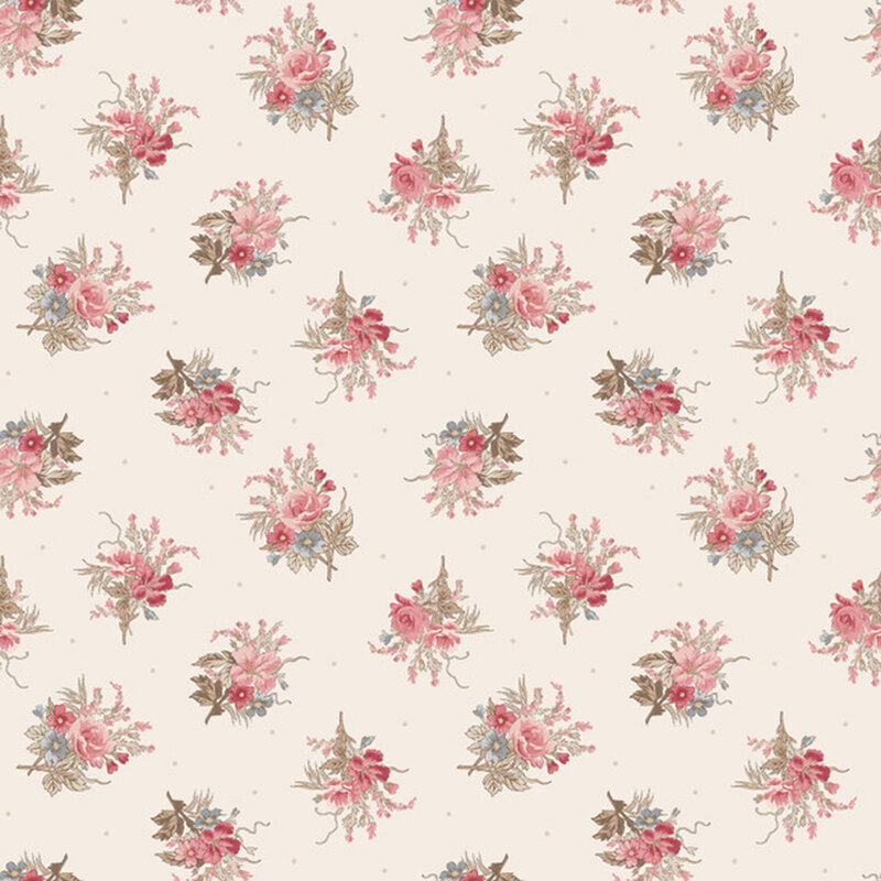 Light cream fabric featuring floral bouquets with pink, blue and red flowers.