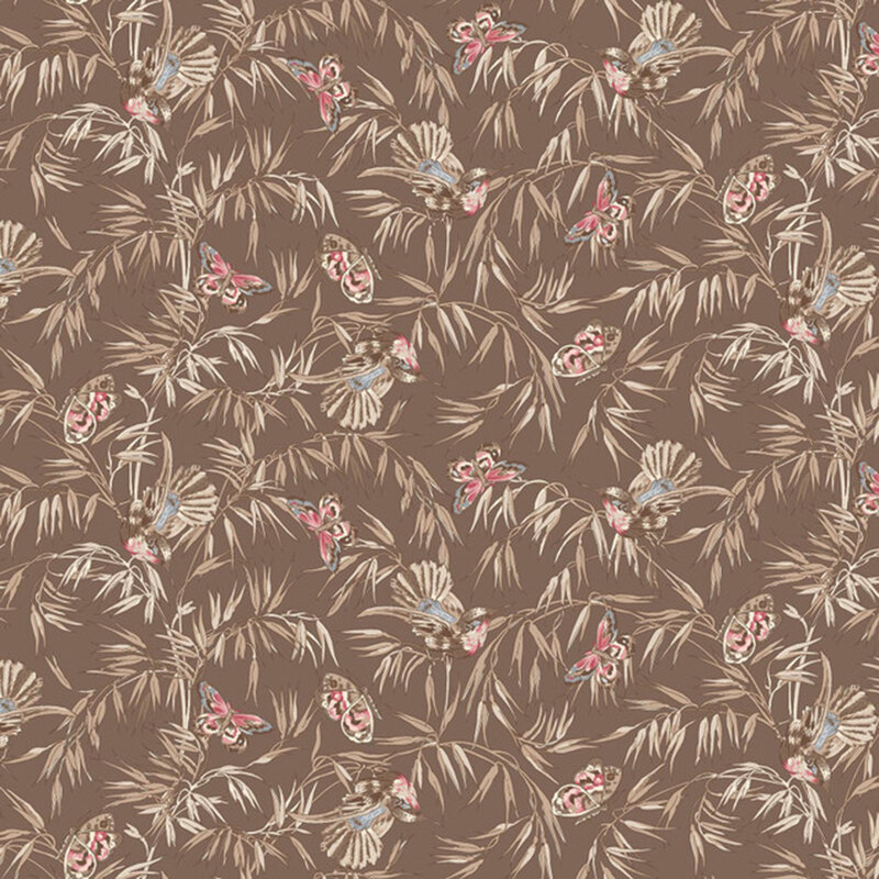 Earth brown fabric featuring ornamental grasses, butterflies, and hummingbirds.