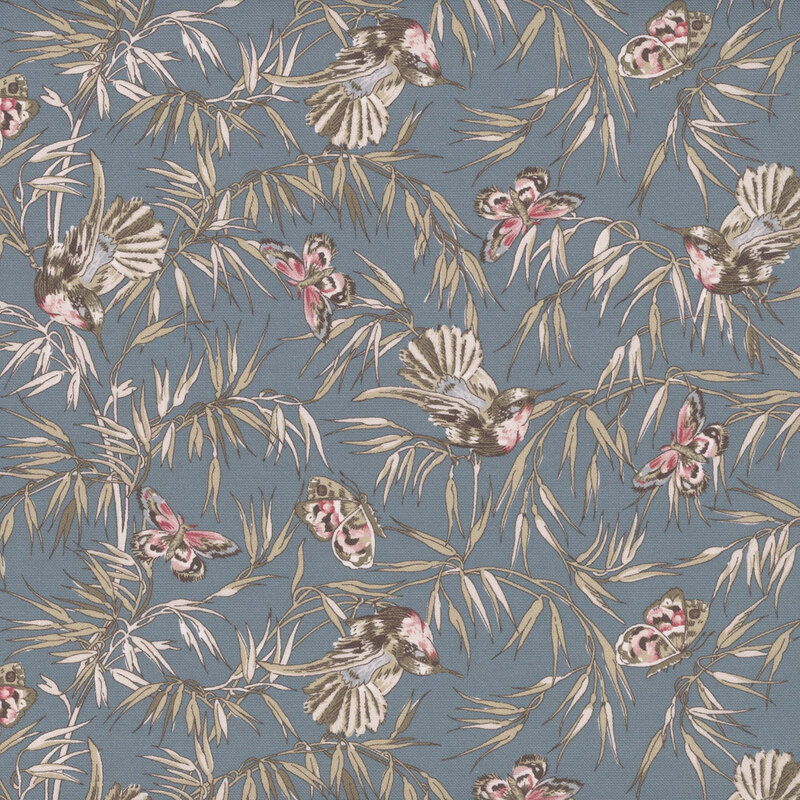 Cadet blue fabric featuring ornamental grasses, butterflies, and hummingbirds.