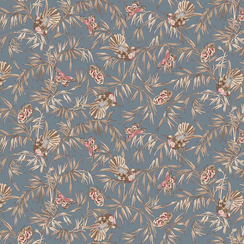 Cadet blue fabric featuring ornamental grasses, butterflies, and hummingbirds.