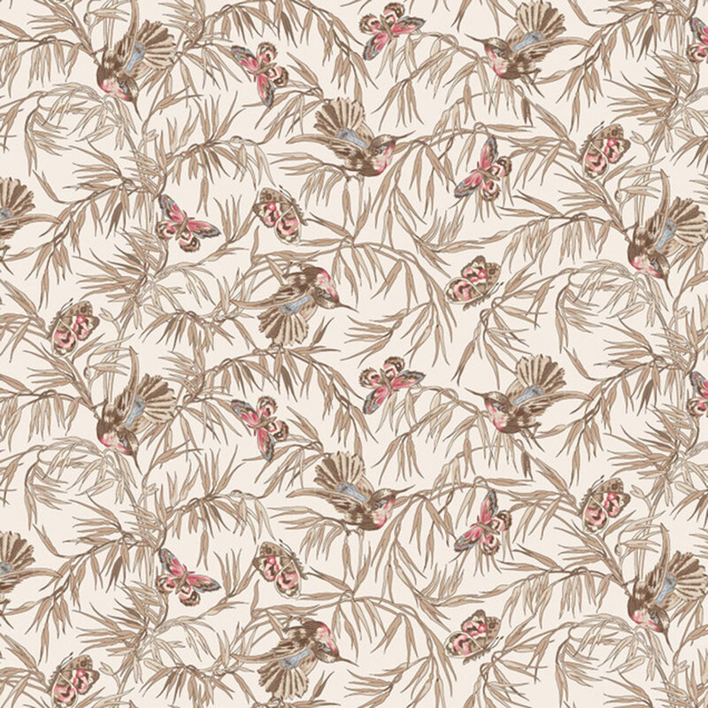 Light cream fabric featuring ornamental grasses, butterflies, and hummingbirds.