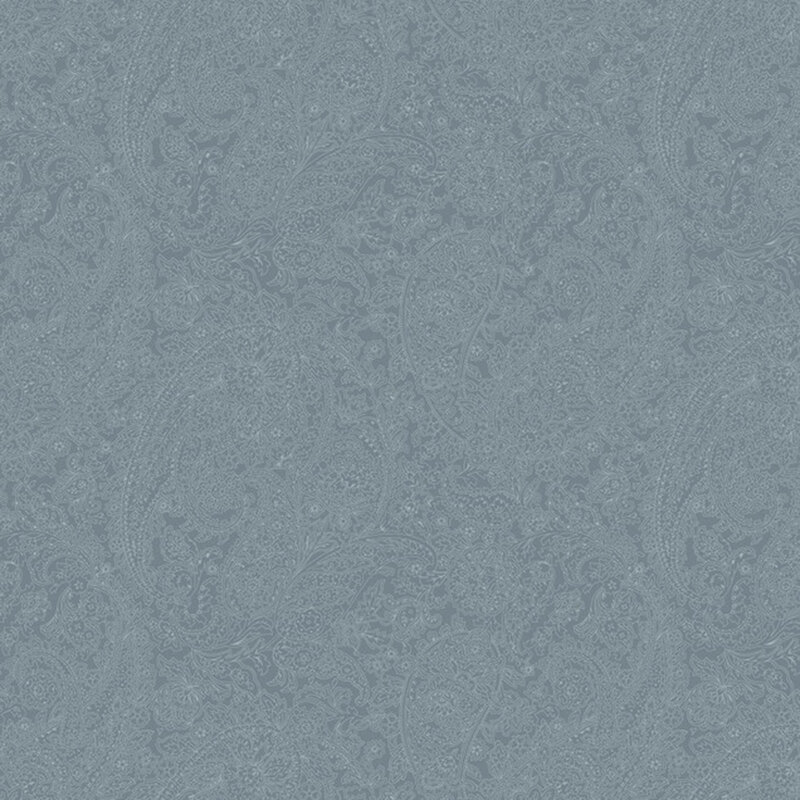 Tonal cadet blue fabric featuring a floral paisley design.