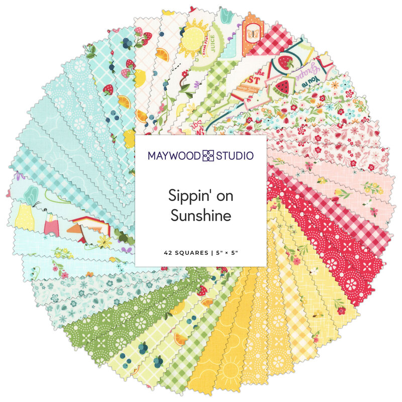 A colorful collection of fabric squares featuring various patterns, labeled Sippin' on Sunshine.