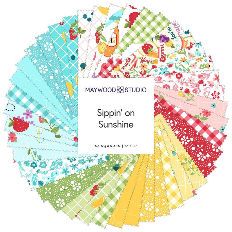 A colorful collection of fabric squares featuring various patterns, labeled Sippin' on Sunshine.