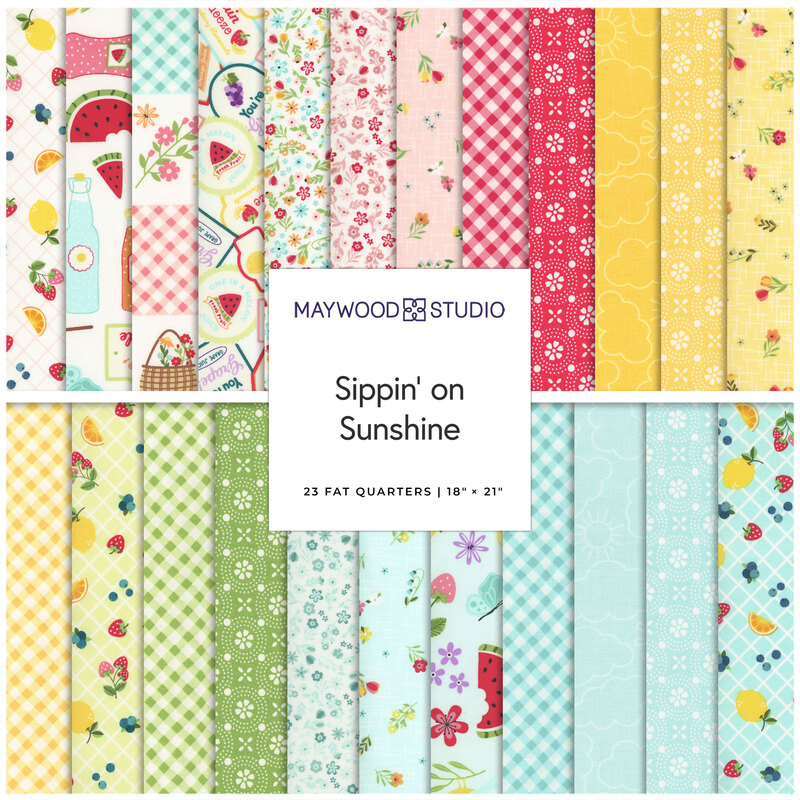 Brightly colored fabric fat quarters featuring playful designs, labeled Sippin' on Sunshine.