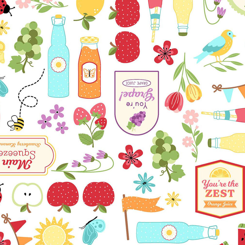 White fabric with a vibrant summer novelty pattern of fruits, lemonade, birds, florals, tags, and other cheerful motifs.
