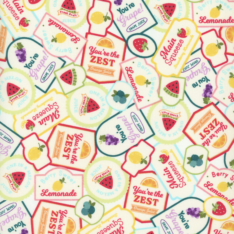 White fabric with a novelty pattern of juice tags in a colorful palette.