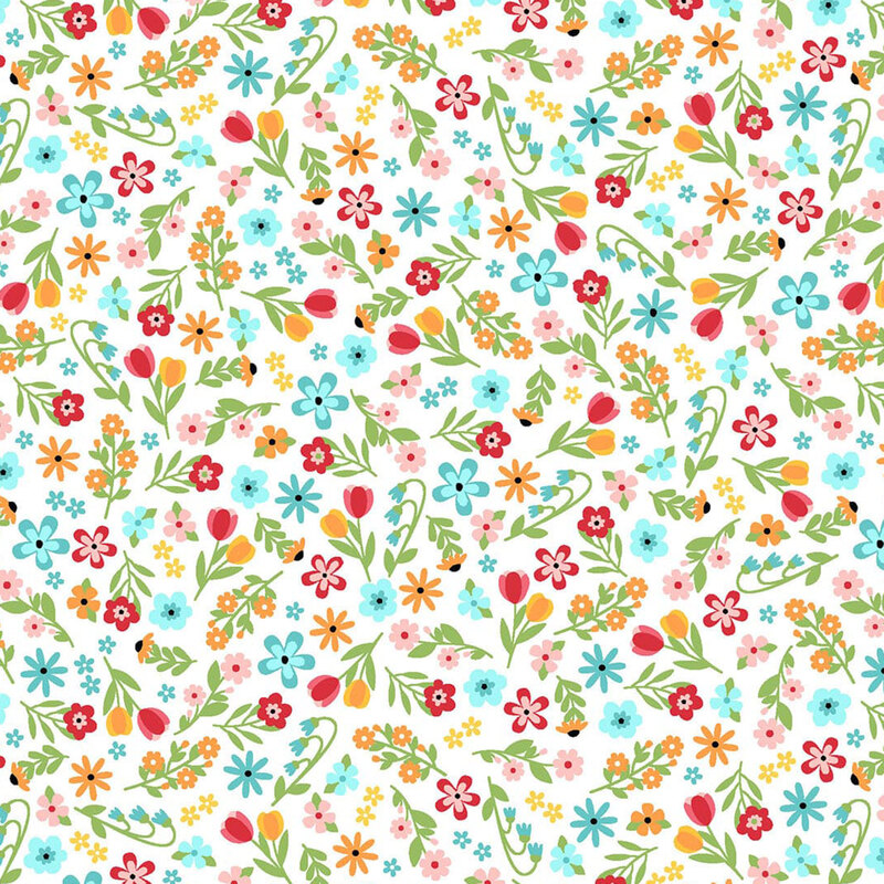 White fabric with a dense array of bright, multicolored calico flowers.