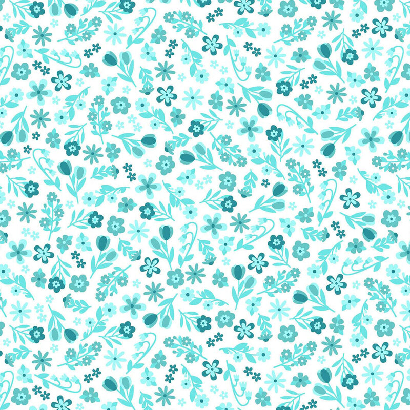 White fabric with a dense pattern of bright aqua calico flowers.