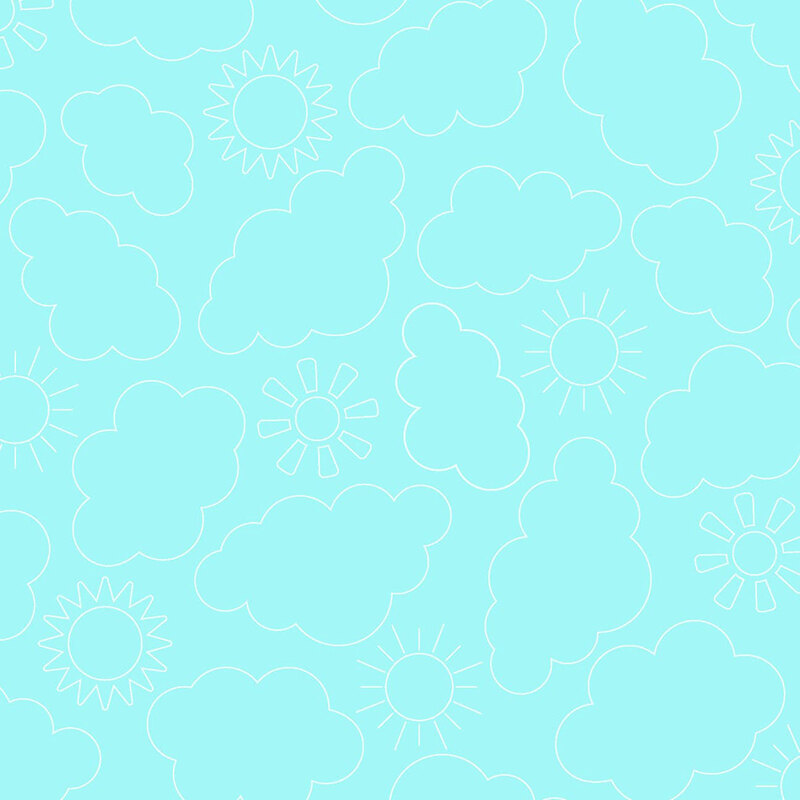 Bright aqua fabric with a playful children’s pattern of outlined clouds and suns.