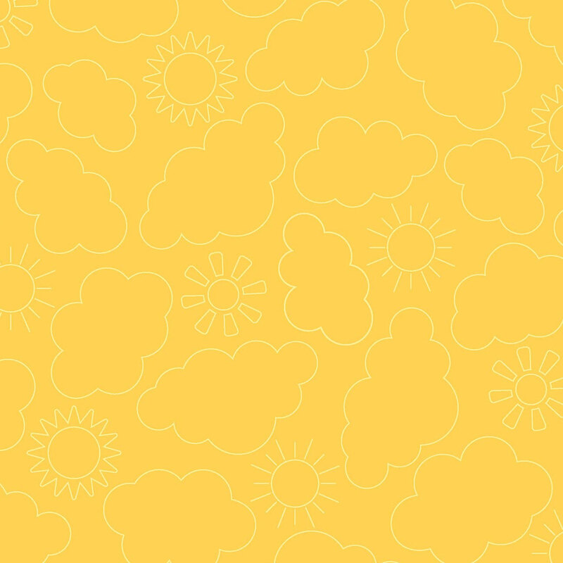 Bright yellow fabric with a playful children’s pattern of outlined clouds and suns.